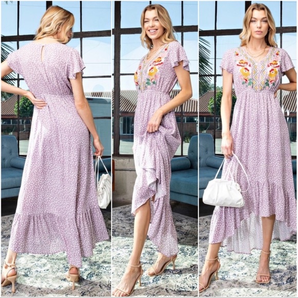 New Ditsy Floral Dusty Lilac Floral Embroidered Hi Low Spring Summer Dress - Picture 3 of 3